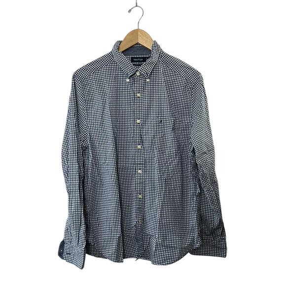 Nautica Blue Check Print Classic Fit Long Sleeve Button Up Shirt Men's Large - Picture 1 of 5